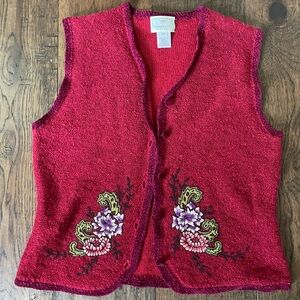 Vtg Embroidered Red Women's Sweater Vest